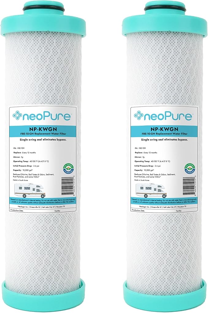 Neo-Pure RV Replacement Filter for Forest River FRE-10-GN (2.5 x 10") RV Water Filter Activated Carbon Block Push-Nipple Cartridge Replaces FRE-10-BN(2PK)