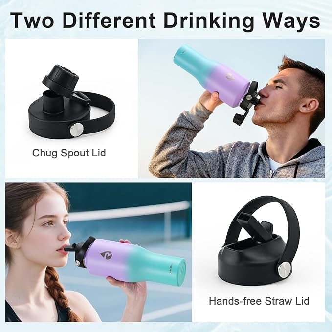 40 oz Insulated Water Bottle with Straw fit in Car Cup Holder, Triple Wall Vacuum Stainless Steel(Cold 48 hrs, Hot 24 hrs), Leakproof & Non-BPA, Hydro Travel Flask with Straw and Spout Lid