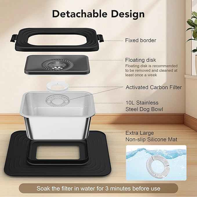 Decflow 10L Stainless Steel Dog Water Bowl, No Spill Anti-Splash Dog Bowls with XXL Silicone Mat, Spill-Proof Slow Feeder for Messy Drinkers, Heavy Duty Pet Bowls for Indoor/Outdoor Use Black
