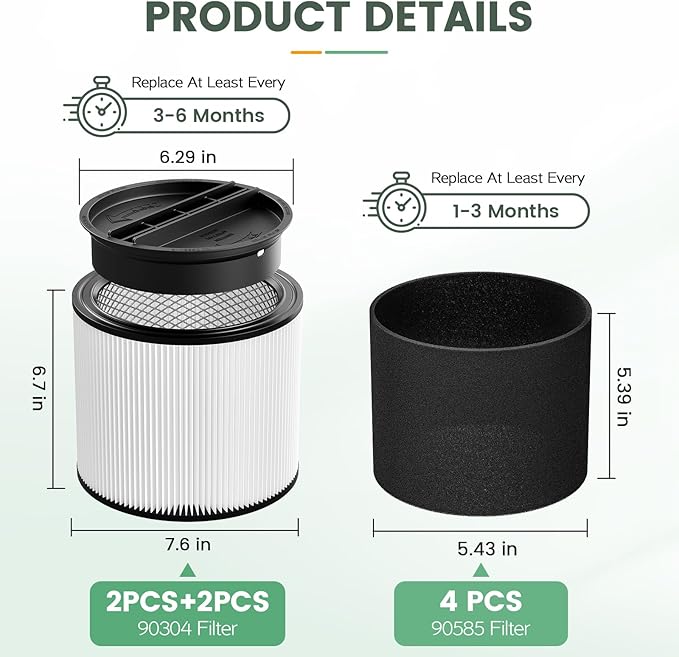90304 Replacement Filter Kit Compatible with Shop Vac Cartridge Filter 90350 90304 90333 90585, Fits Most 5 Gallon and above Wet Dry Vacuum Cleaner (2+2+4+1) - AquaVibe