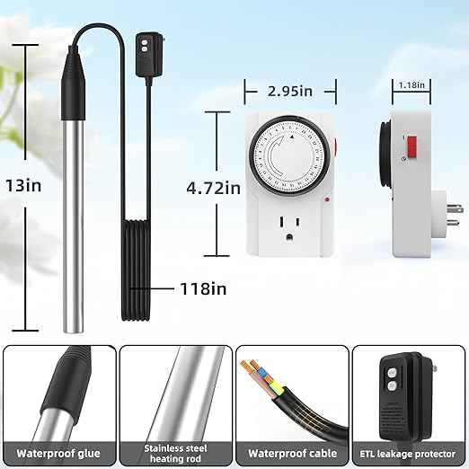 1800W Immersion Water Heater with 24H Precise Control Timer, Electric Fully Submersible Pool Water Heater, Ideal for Baptistery, Hot Tub, Bucket, Camping Stock Tank, Bathtub, Small Inflate Pool