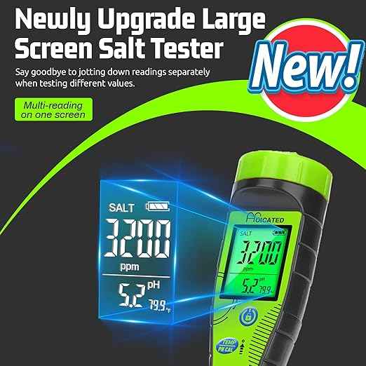 Digital Pool Salt Tester for Swimming Pool Large Simultaneous Screen Salinity pH Meter for Koi Pond Aquarium Fish Tank Hot Tub EC Tester for Indoor Garden Hydroponics Water Quality Tester