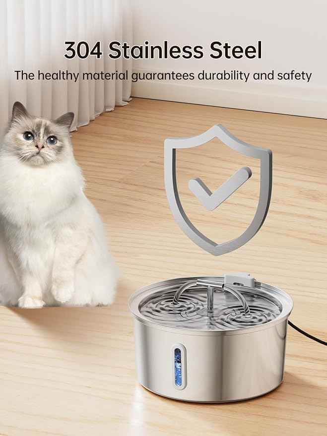 Cat Water Fountain Stainless Steel, 3.2L/108OZ Pet Water Fountain for Drinking,Automatic Metal Dog Water Fountain with 8 Filters & 8 Sponges,Quiet Pump,Dual-Stream for Cats, Dogs,Multiple Pets Indoor