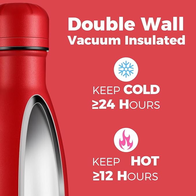 Volhoply 17oz Insulated Stainless Steel Water Bottle, Double Wall Vacuum Flask, Keeps Cold 24h & Hot 12h, Available in Packs of 1, 4, or 8（Red,1 Pack）