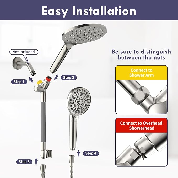 HOWUWEY Filtered Dual Shower Head with Handheld Spray Combo for Hard Water, 7.5-inch Modern High Pressure Shower Head with 9-mode Handheld and Filter, 79-inch Hose (Filtered, Brushed Nickel)
