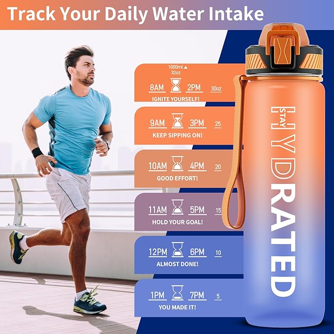 Water Bottle with Straw, 32oz Motivational Water Bottles with Time Marker to Drink, Tritan BPA Free, 1L Sports Water Bottle with Carry Strap LeakProof for Women Gym Fitness Outdoor (1 Pack)