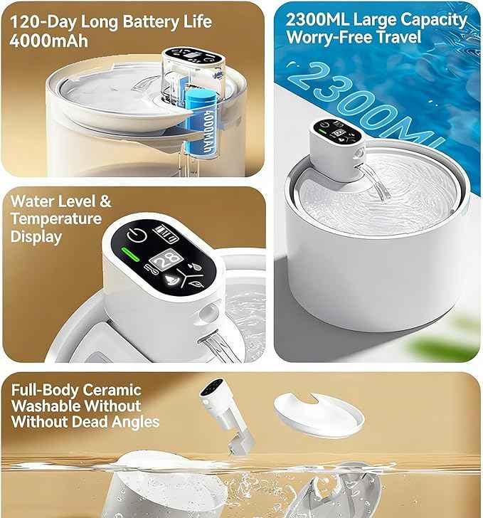 Cordless Ceramic Cat Water Fountain 78oz/2.3L with 7 Filter Automatic Super Silent Intelligent Sensor Cordless Pet Drinking Dispenser 4000mAh Battery Dog Water Bowl Dispenser - for Pets (Pink)