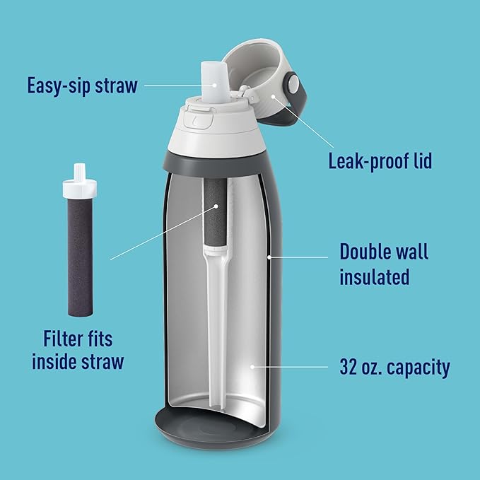 Brita Stainless Steel Premium Filtering Water Bottle, BPA-Free, Reusable, Insulated, Replaces 300 Plastic Water Bottles, Filter Lasts 2 Months or 40 Gallons, Includes 1 Filter, Carbon - 32 oz