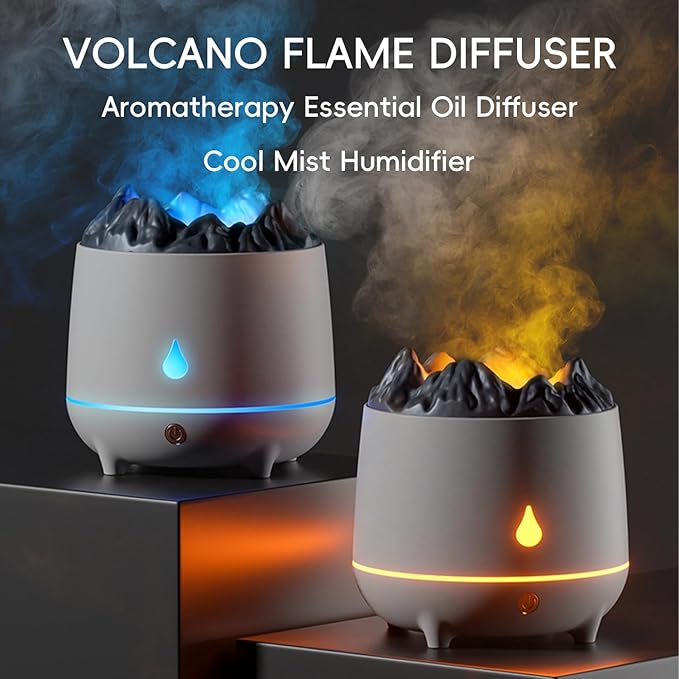 Volcano Flame Diffuser, Aromatherapy Essential Oil Diffuser, 400ml Ultrasonic Cool Mist Humidifier for Bedroom,Office,Home,Yoga, Timer & Auto Shut-Off, Colorful Ambient Night Light (White)
