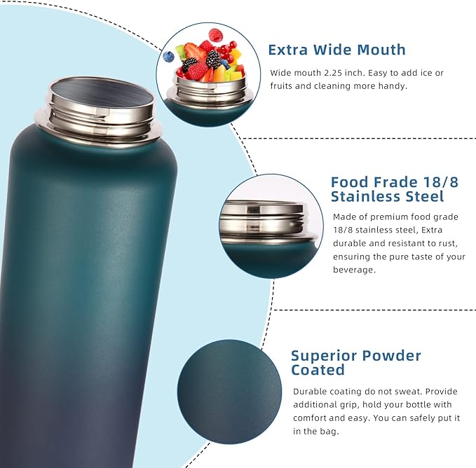 Volhoply 32 oz Insulated Water Bottle with Straw Lid and Spout Lid,Stainless Steel Sports Water Bottle,Double Wall Vacuum Cups,Leakproof Metal Flask with Wide Mouth for Hiking,Camping(Dark Night,1)