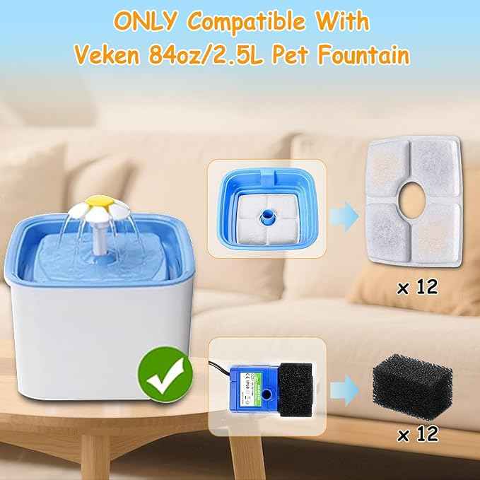 12 Pack Replacement Filters & 12 Pack Pre-Filter Sponges for Veken 84 oz / 2.5L Automatic Pet Water Fountain, Triple Filtration Cat Fountain Replacement Filter