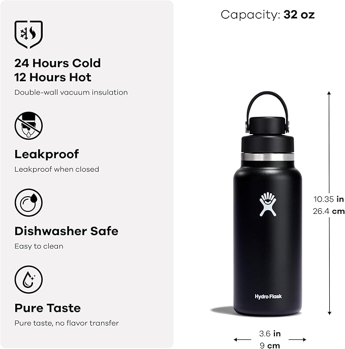 Hydro Flask Water Bottle - Insulated Stainless Steel - Wide Mouth Flex Chug Lid, Non Spill, Leakproof in 32 Oz Coconut Cream