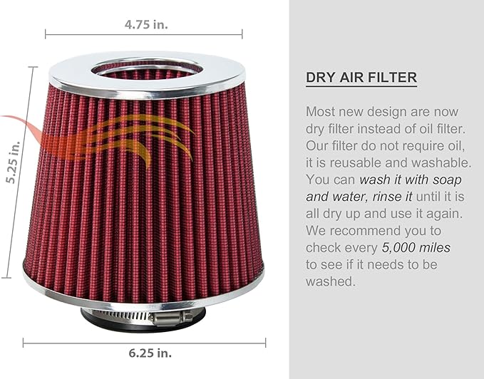 RED 4 inch 102 mm Inlet Truck Cold Air Cone Replacement Performance Washable Clamp-On Dry Air Filter (8" Tall)