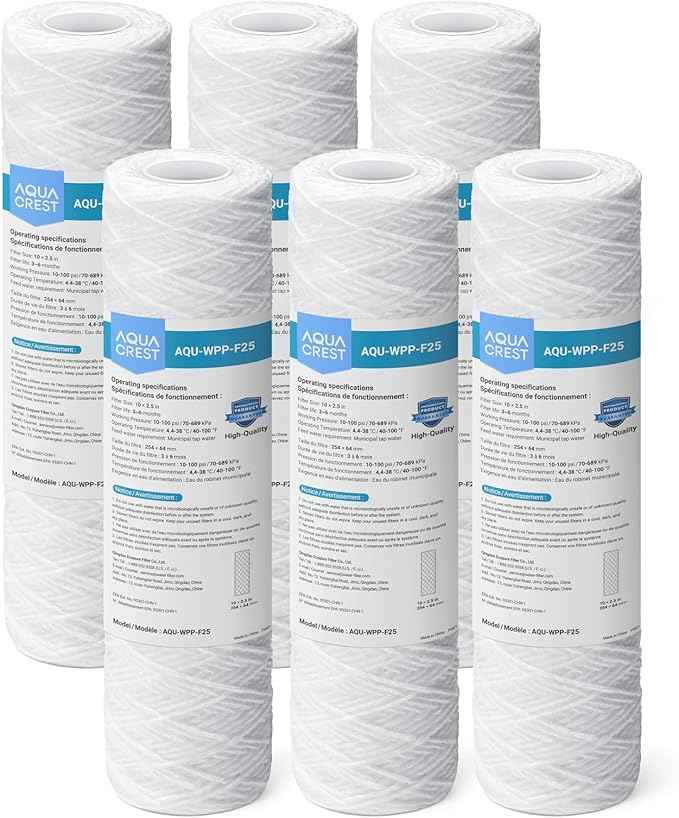 AQUA CREST 5 Micron 10"x2.5" String Wound Sediment Water Filter Cartridge for Well Water, Universal Replacement for Any 10 inch RO Unit, WP-5, Aqua-Pure AP110, CFS110, Culligan P5, WFPFC4002, 6Pack