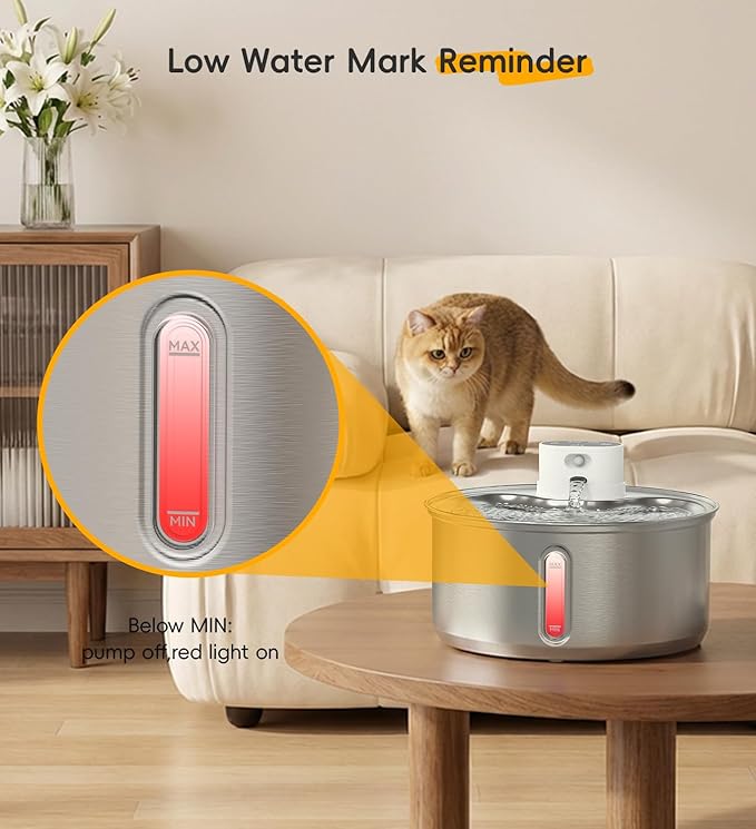 Stainless Steel Cat Water Fountain, 186fl.oz/1.45Gal Wireless Dog Water Fountain Battery Operated, Pet Water Dispenser Cordless for Cats & Dogs Indoor
