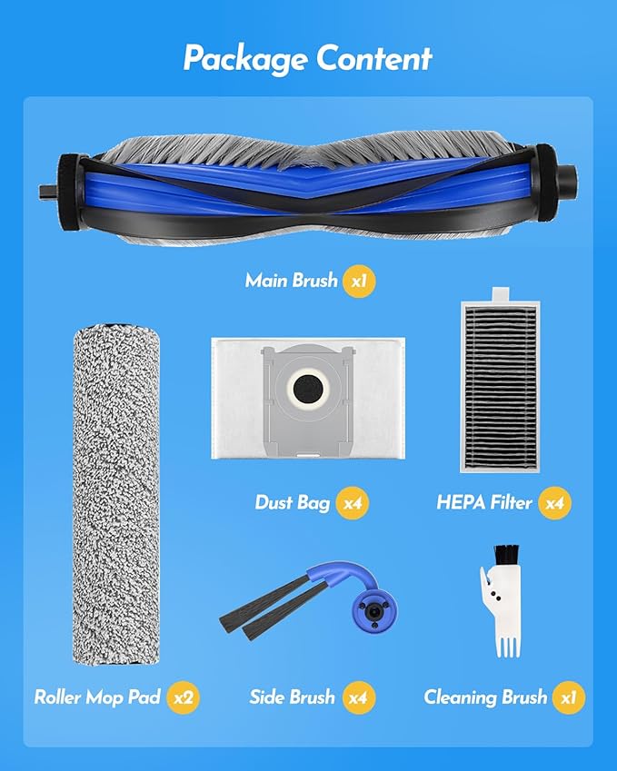 16 PCS Replacement Accessories kit Compatible with ECOVACS DEEBOT X9 Pro Omni Vacuum Cleaner Robot, 1 Main Brush, 4 Side Brushes, 4 HEPA Filters, 2 Mopping Rollers, 4 Dust Bags, 1 Cleaning Brush - AquaVibe