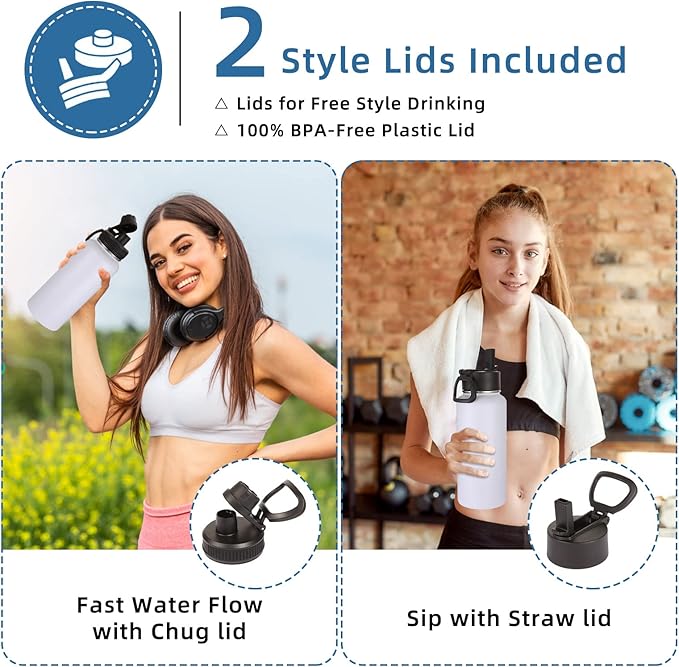 Volhoply 32 oz Water Bottles Bulk 2 Pack with Straw Lid & Spout Lid,Insulated Sports Water Bottle,Double Wall Vacuum Stainless Steel Cups,Leakproof Wide Mouth Metal Flask for Travel(White,2)