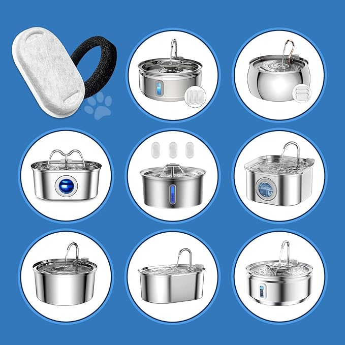 18 Pack Cat Water Fountain Filters for 108oz/3.2L & 67oz/2L Stainless Steel, Cat Fountain Filter Replacement(18 Filters & 18 Sponges)