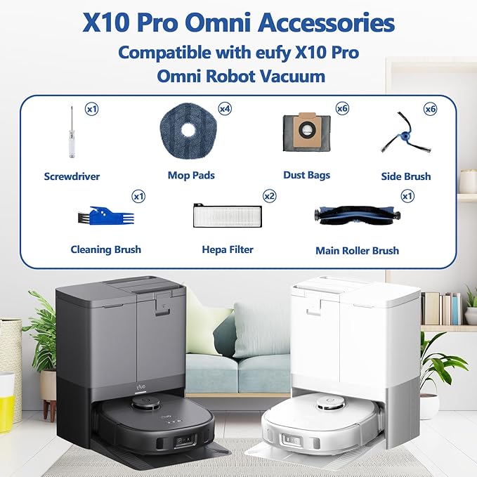 21 Pack X10 Pro Omni Replacement Accessories Kit for Eufy X10 Pro Omni Robot Vacuum, 1 Main Roller Brush, 2 Hepa Filters, 4 Mop Cloth Pads, 6 Side Brushes, 6 Dust Bags, 1 Screwdriver 1 Clean Tool - AquaVibe