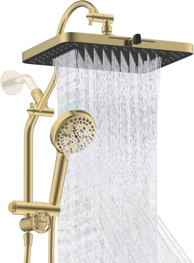 Hibbent cUPC Certified 13'' Shower Head Combo, High Pressure 5 Spray Rainfall Showerhead, 10 Spray Handheld, All Metal Easy Reach 4-way Diverter Arm with Pause Mode, 71'' Hose and Holder, Brushed Gold