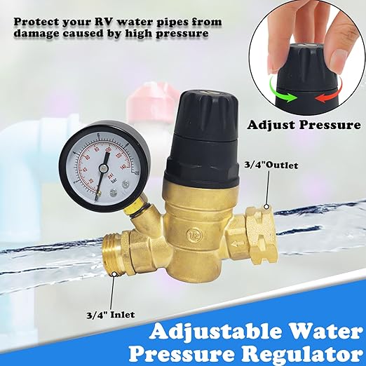 RV Water Pressure Regulator, Water Pressure Regulator for RV Camper, Camper Water Pressure Regulator with RV Water Regulator, Water Filter, Quick Connect Water Hose, Brass Elbow Flexible Connector