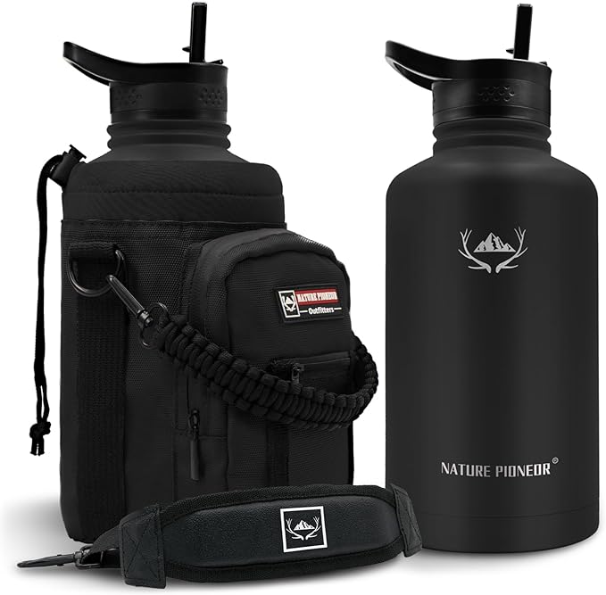 NATURE PIONEOR Insulated Water Bottles with Straw - 64oz Stainless Steel Vacuum Bottle with Holder/Carrier/Sleeve - Reusable 18/8 Food Grade Half Gallon Water Jug