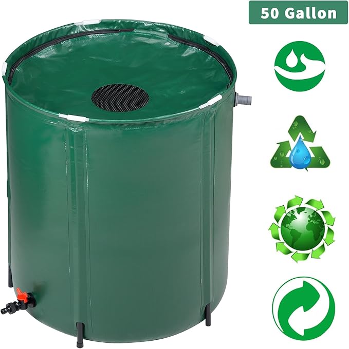 50 Gallon Collapsible Rain Barrel, Portable Water Storage Tank, Foldable Rainwater Collect System Downspout, Water Catcher Container with Filter, Spigots Overflow Kit (Green,50 Gallon)