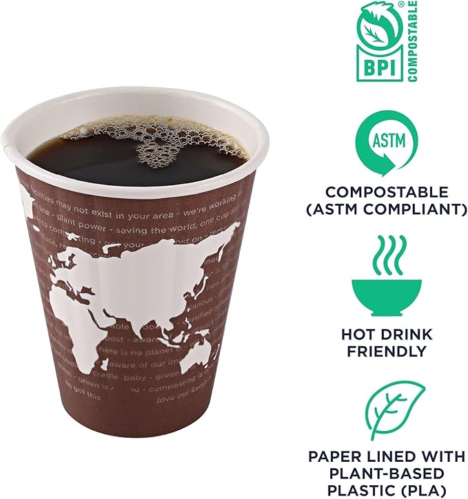 ECO PRODUCTS Compostable Disposable Insulated World Art 8oz Coffee Cups, Pack of 40, Renewable Double-wall Hot Paper Cup, Plant Based PLA Lining, No Sleeves Needed, Color Coded