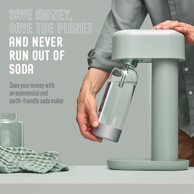 Ruby 2 Sparkling Water Maker - Soda Streaming Machine Silent Carbonated Water Machine Robust Long-Lasting Aluminium Soda Maker 1L Water Bottle Without CO2 Cylinder - Sage Green Soda Machine