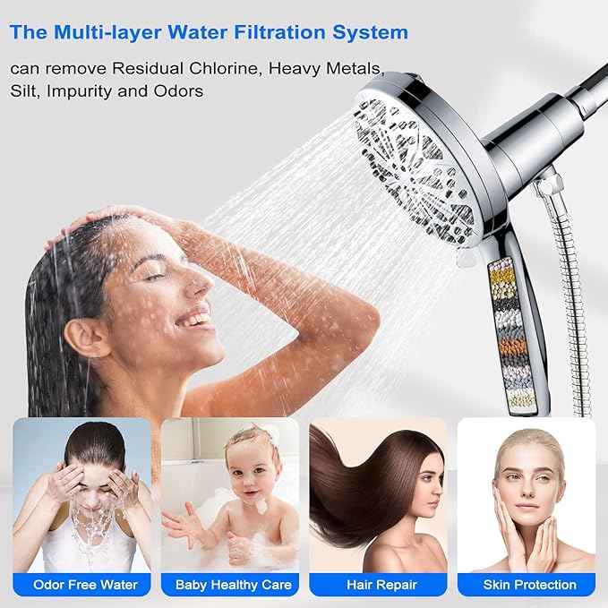 Filtered Handheld Shower Head with Magnetic: SOMDARHK High Pressure Rain Shower Head Filter 10-Spray Modes with Power Wash 72" Hose for Hard Water/Tub Cleaning/Dog Bathing (Chrome)