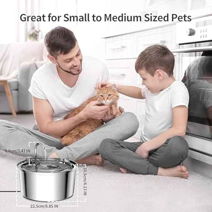 Dog Water Fountain, 3.2L/7L Filtered Water Fountain, Super Quiet Stainless Steel Dog Fountain Water Bowl for Large Dog Cats & Small Animals (Silver, 3.2L-with 2 Filter Element)