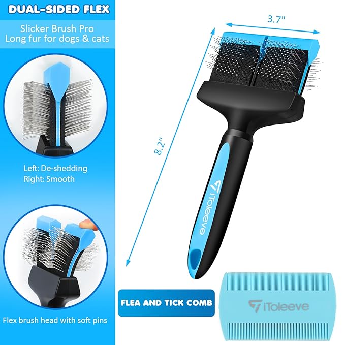 Dual Flex Slicker Brush Dog Brush, Gentle Grooming Tool for Sensitive Dogs & Cats - Ideal for Long Hair, Removes Undercoat, Tangles, and Knots - AquaVibe