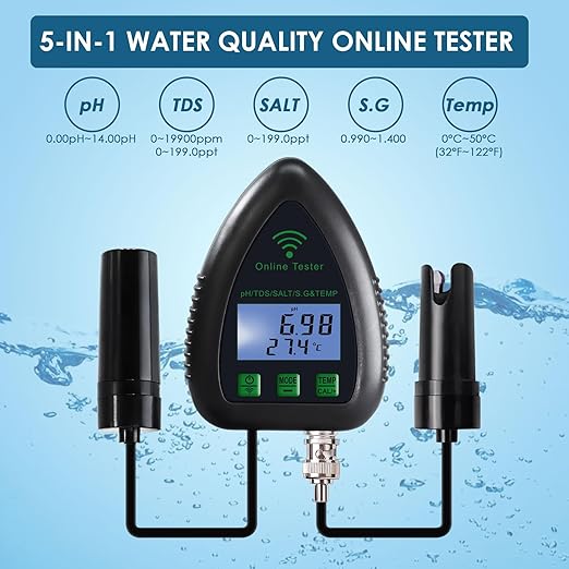 Online APP Monitoring WiFi Water Quality Tester pH/TDS/Salt/S.G/Temperature for Aquarium Hydroponics Pool Aquaculture with Easy Calibration