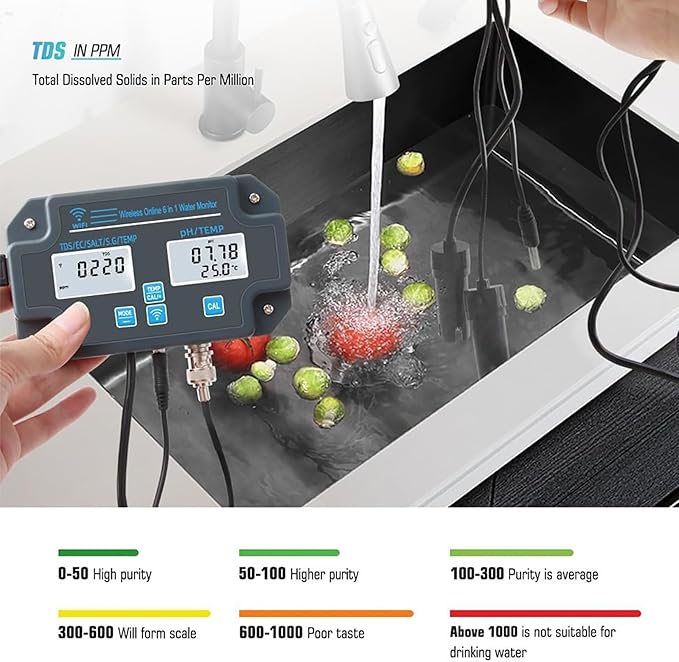 Smart Water Quality Monitor, PH EC TDS Salt Temp Data Logger Tester, Professional 6 in 1 Multi-Parameter Water Testing Meter with App Control, for Swimming Pools, Household Drinking Water