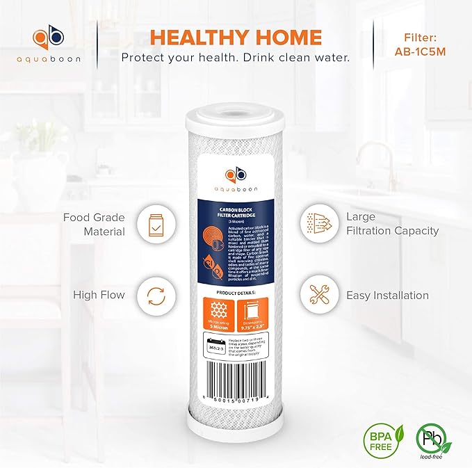 Aquaboon 5 Micron 10 x 2.5 Carbon Block Water Filter Cartridge CTO Whole House Water Filter Replacement Compatible with WHKF-WHWC, FXWTC, 2-PACK - AquaVibe