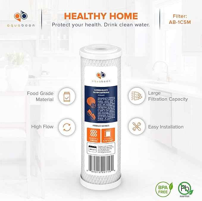 Aquaboon 5 Micron 10 x 2.5 Carbon Block Water Filter Cartridge CTO Whole House Water Filter Replacement Compatible with WHKF-WHWC, FXWTC, 12-PACK