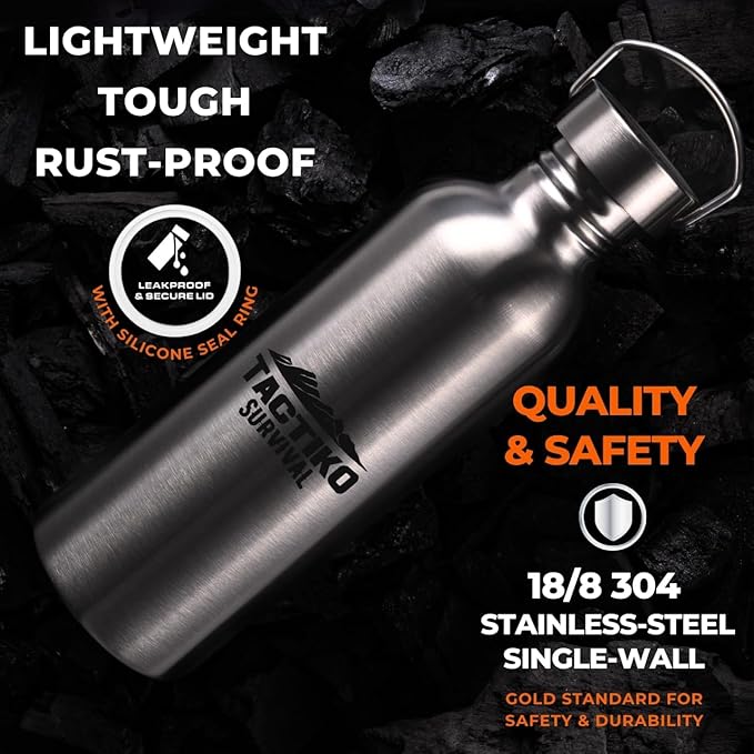 Tactiko Survival 34 oz/1000 ml Stainless Steel Wide Mouth Water Bottle, Single Wall Boil-Safe, Leakproof, BPA-Free with Carry Sleeve and Strap for Camping, Hiking, Outdoor Prep (Tan)