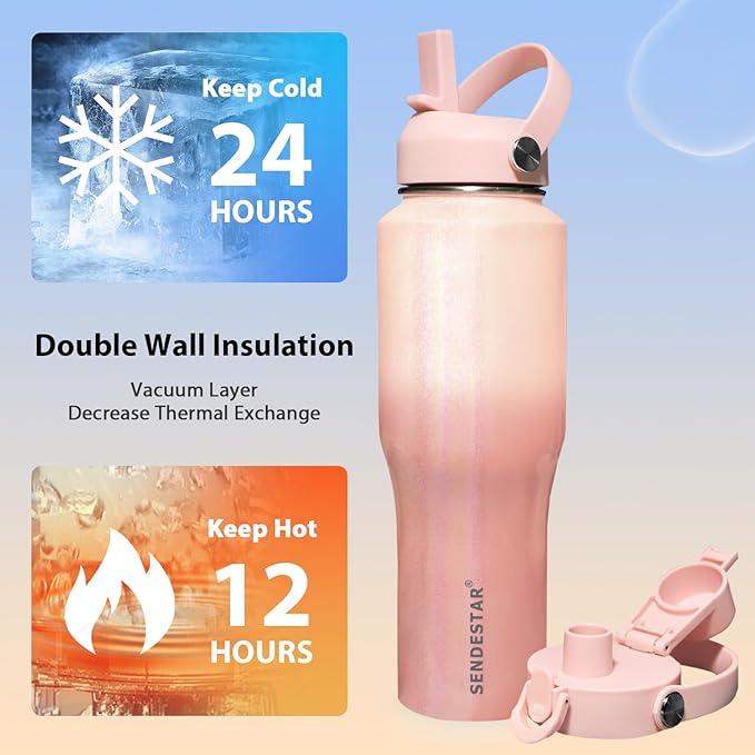 SENDESTAR Water Bottle,Wide Mouth Stainless Steel Vacuum Insulated Double Wall Keep Liquids Cold or Hot All Day,Sweat Proof Sport Design,Fit Car Cup Holder,Buling Pink Gradient,40 Ounces