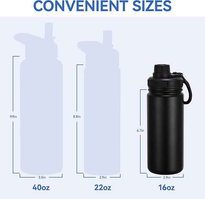 DOMICARE 16 oz Kids Water Bottle for School Stainless Steel Double Wall Vacuum Insulated Water Bottle with Straw lids & Spout Lid, Leakproof BPA Free （Black,8)