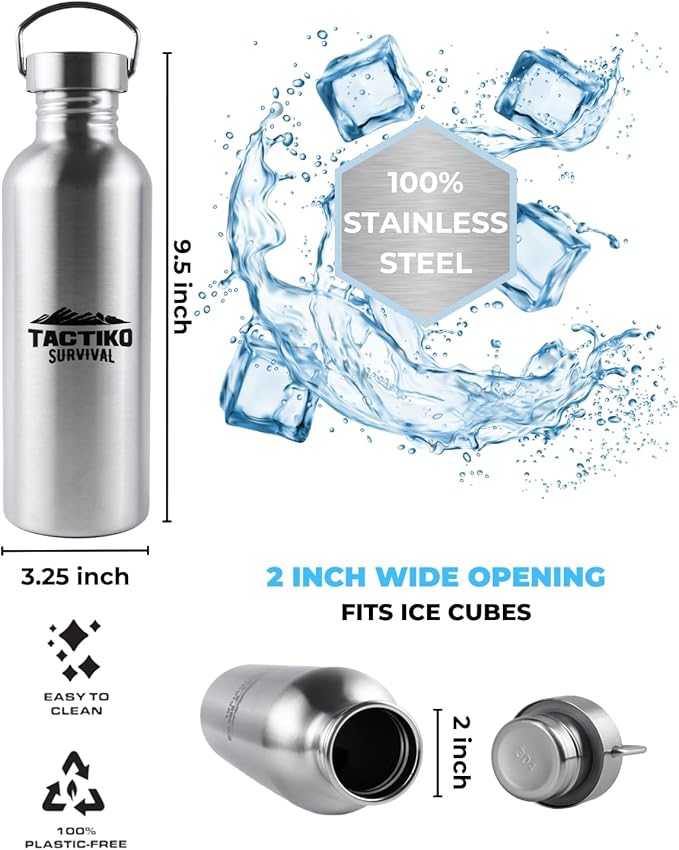 Tactiko Survival 34 oz/1000 ml Stainless Steel Wide Mouth Water Bottle, Single Wall Boil-Safe, Leakproof, BPA-Free with Carry Sleeve and Strap for Camping, Hiking, Outdoor Prep (Camo)