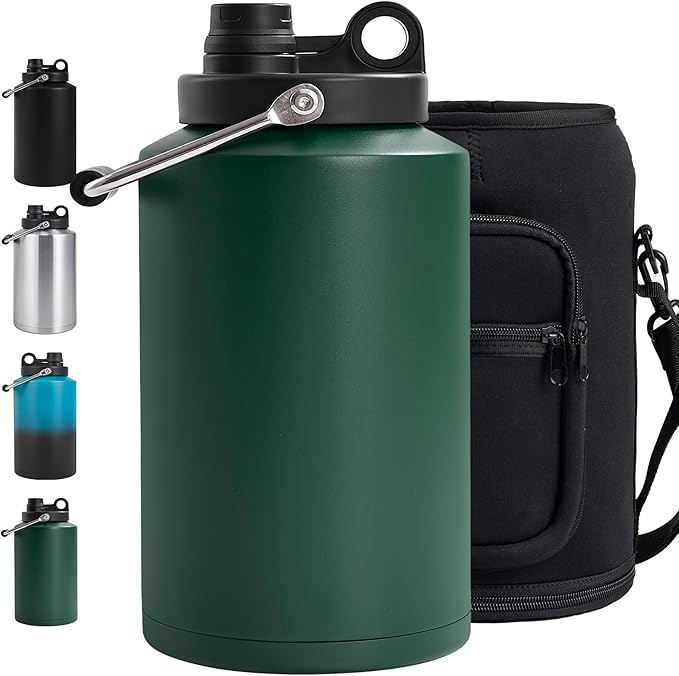 Insulated Gallon Jug with Handle, One Gallon, 128oz Stainless Steel, Large Double Vacuum Water Bottle for Cold Drinks, Wide Mouth, Sweat Proof, Carrier bag, Great for Travel, Camping, Green