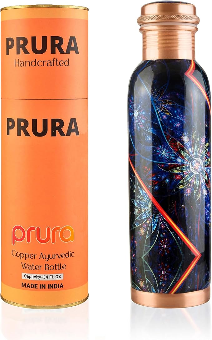 Pure Printed Copper Water Bottle - Leak Proof Ayurvedic Drinkware Copper Vessel for Sports, Gym, Outdoors, Yoga, Health Benefits