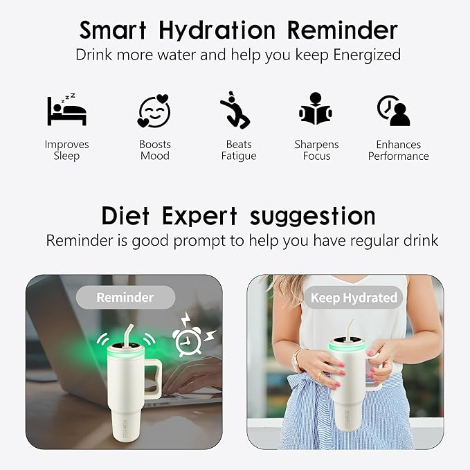 Smart Water Bottle Reminder to Drink Water,USB-C Rechargeable,40oz,Insulated Stainless Steel，Ideal Gift for Valentine‘s Day(Cream)