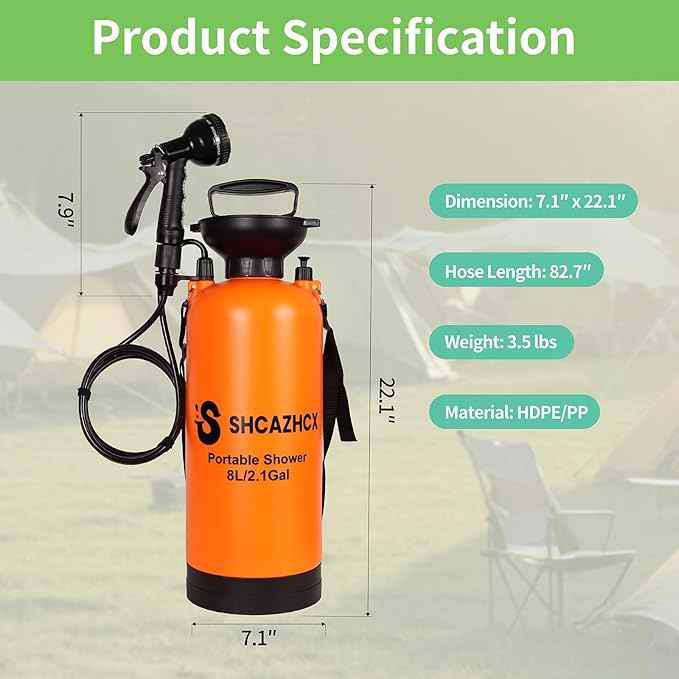 2.1 Gallon/8L Portable Water Shower, No Power Needed, Nylon Insulated Sleeve, 10 Spray Modes, Pressurized Portable Shower Sprayer for Camping, Hiking, Beach, Surfing & Outdoor Use, Orange