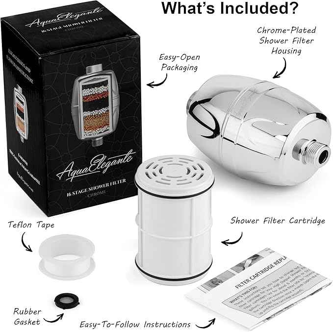 Aqua Elegante 16-Stage Shower Filter - Universal Showerhead Water Filters To Remove Chlorine & Hard Minerals - Bath Purifier And Best Filtered Softener System With Activated Charcoal - Chrome