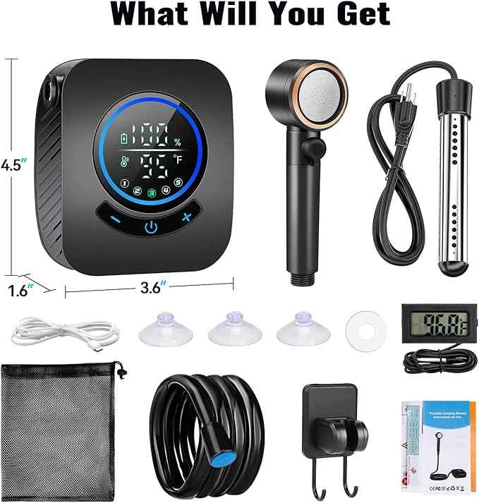 Upgraded Portable Shower with Heater, 1500W Immersion Heated, 8000mAh Rechargeable Camping Shower Pump with LED Display, IPX8 Waterproof Lightweight Outdoor Shower Pump Kit for Hiking