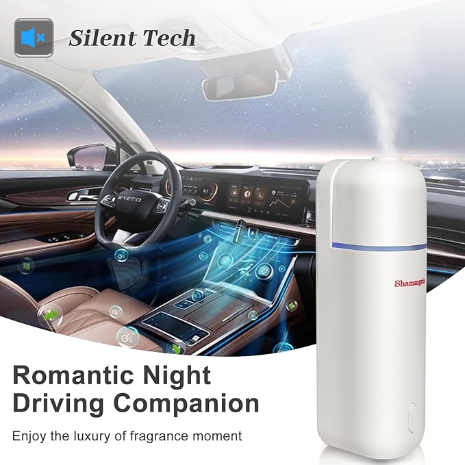 Car Air Freshener Diffuser, Motion Sensor Waterless Essential Oil Diffuser for Car USB Rechargeable Air Freshener with 6 Refill Scent（Hilton/Sandwood/WhiteTea/Diamond/GreenBamboo/Pachuli