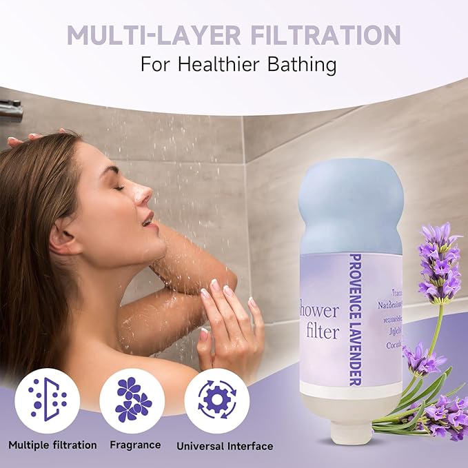 Vitamin C Shower Filter for Hard Water, Aromatherapy Softener Purifier, AromaTherapy,Easy Installation,Brighter Skin & Hair, Chlorine Free, Suitable for any shower head (lavender)