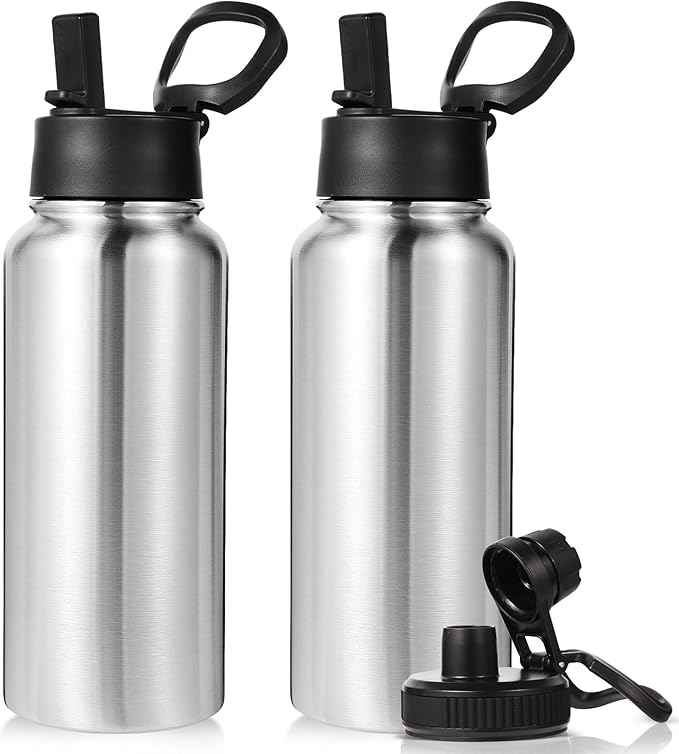 Neihepal 32 oz Insulated Water Bottles with 2 Lids (Straw & Spout Lid), 18/8 Stainless Steel Double Wall Water Bottle for Gym, Travel, Camping, Sports (Silver,2 Pack)