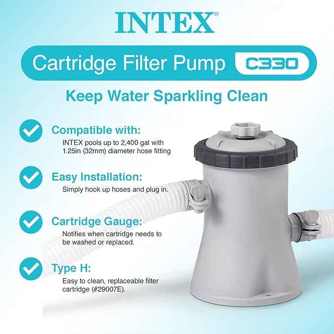 Intex C330 Krystal Clear Cartridge Filter Pump for Above Ground Pools: 330 GPH Pump Flow Rate – Improved Circulation and Filtration – Easy Installation – Improved Water Clarity – Easy-to-Clean